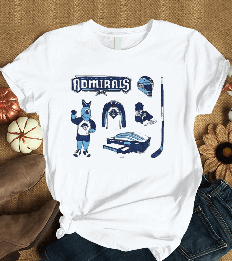 Milwaukee Admirals Hockey Mascot Jersey Helmet Skates Stick Goalie Equipment T-Shirt
