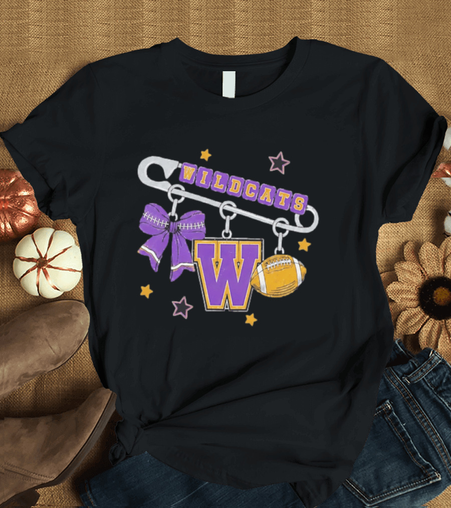 Wildcats Safety Pin Bow W Football Charm Distressed T-Shirt