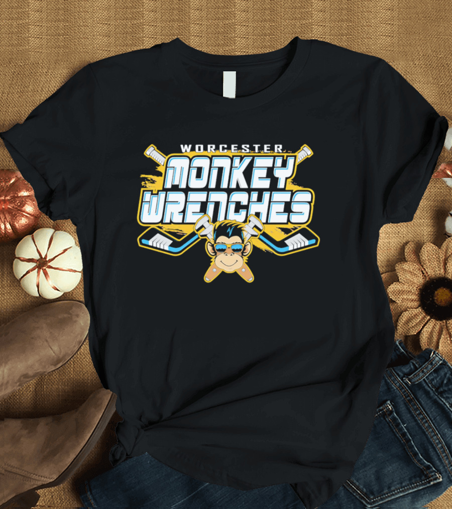 Worcester Monkey Wrenches Hockey Player Monkey With Crossed Wrenches And Hockey Sticks T-Shirt