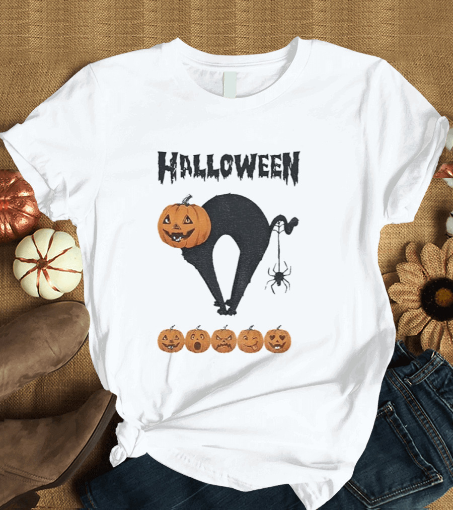 Halloween Pumpkin Cat Black Spider Five Jack O' Lanterns T-Shirt