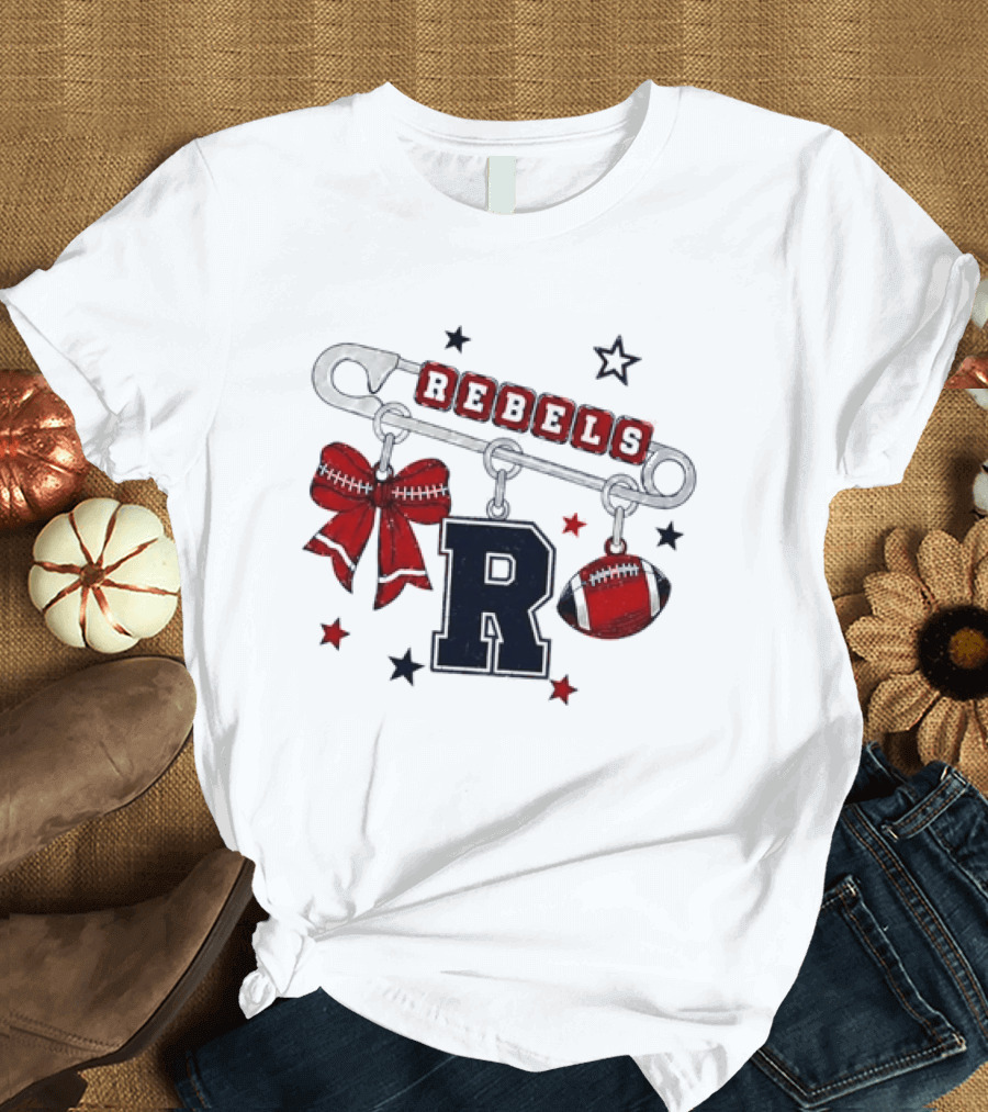 Rebels R Charm Safety Pin Red Bow Football Stars T-Shirt
