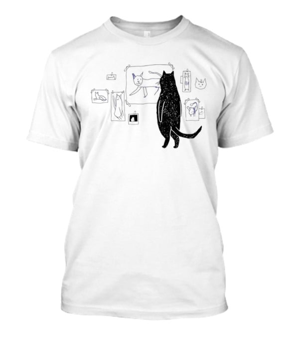 Black Cat Standing Looking At Sketches Line Drawing Wall Gallery T-Shirt