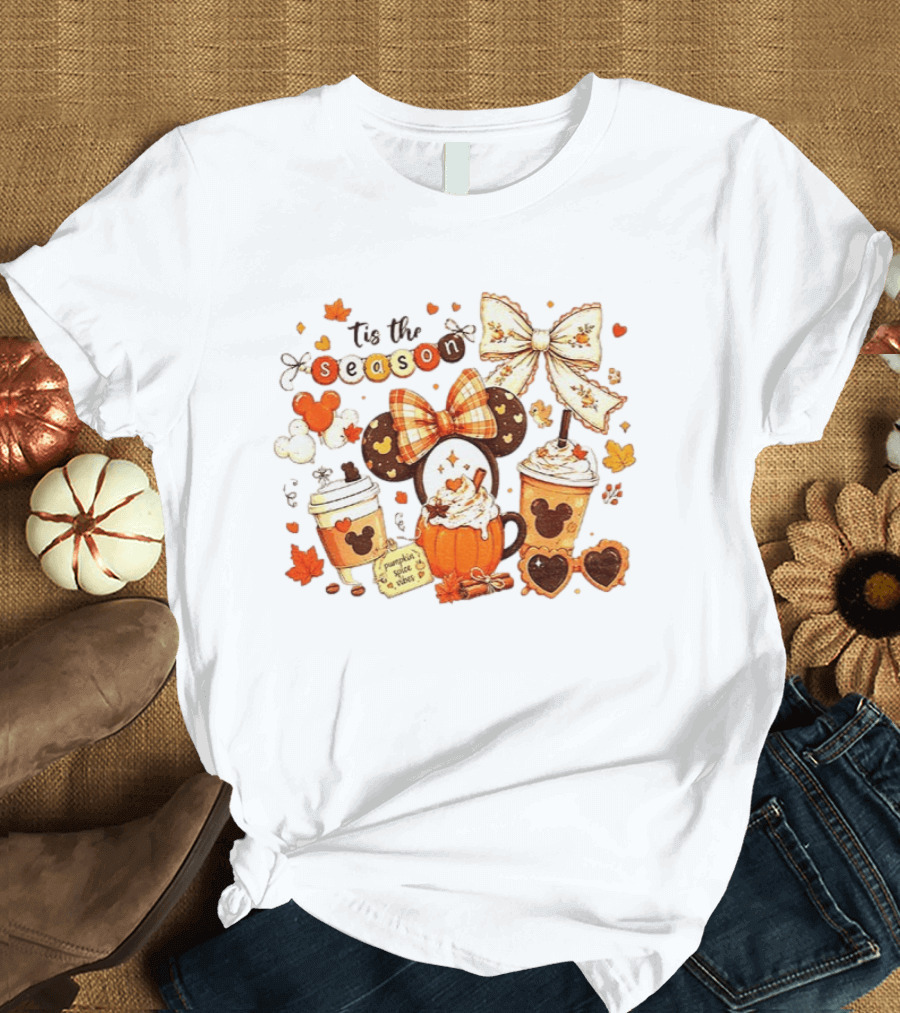 Tis The Season Disney Pumpkin Spice Autumn Coffee Ears And Bows T-Shirt