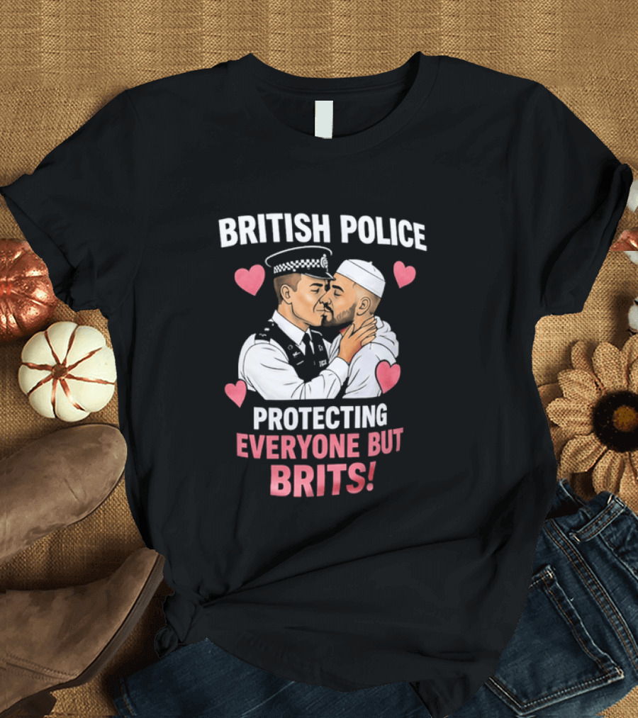 British Police Protecting Everyone But Brits Kissing Illustration With Hearts T-Shirt