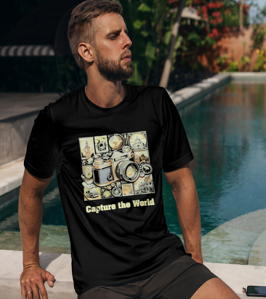 Capture The World Camera Globe Travel Landmarks Compass T-Shirt