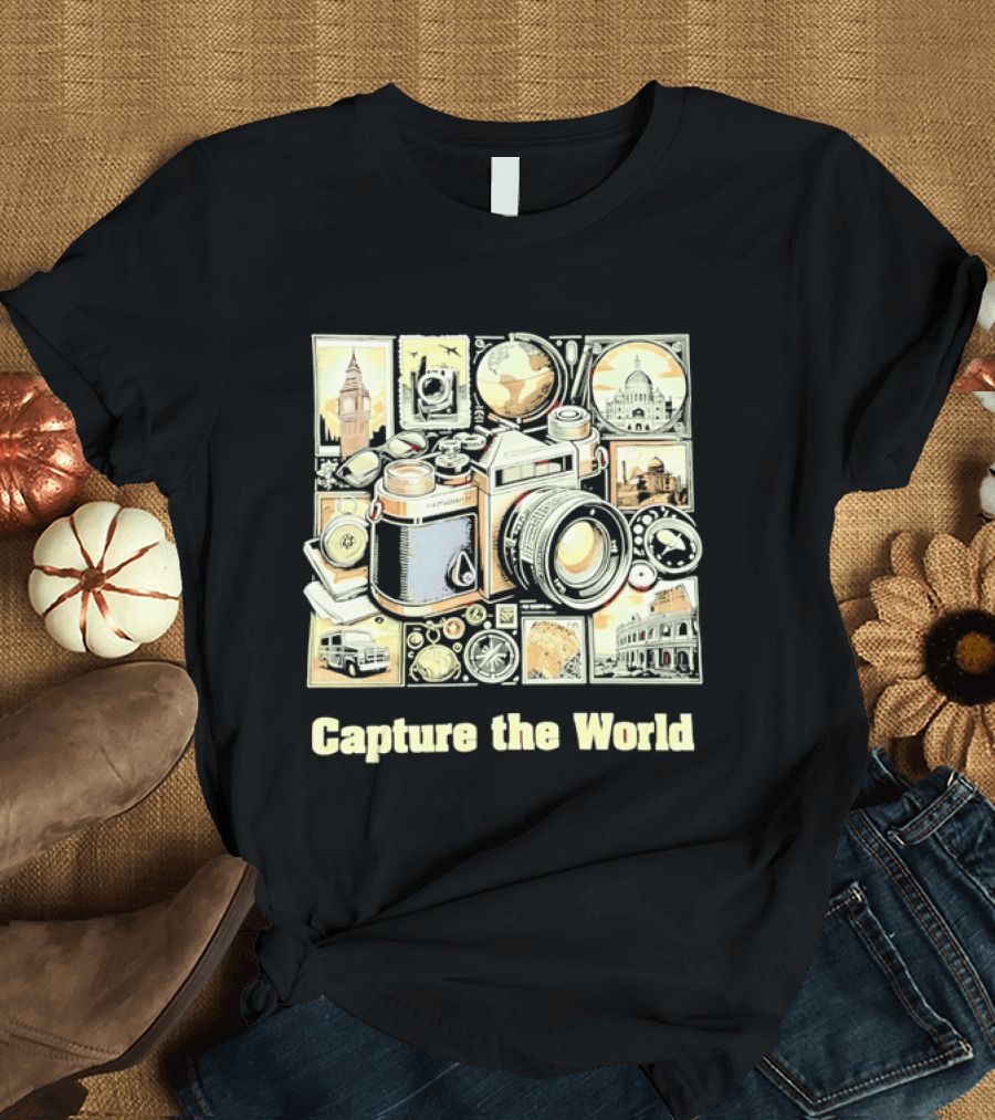 Capture The World Camera Globe Travel Landmarks Compass T-Shirt