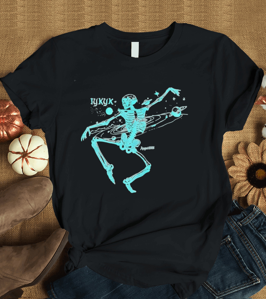 Iykyk August 2026 Cyan Dancing Skeleton With Space Orbit Sketch T-Shirt