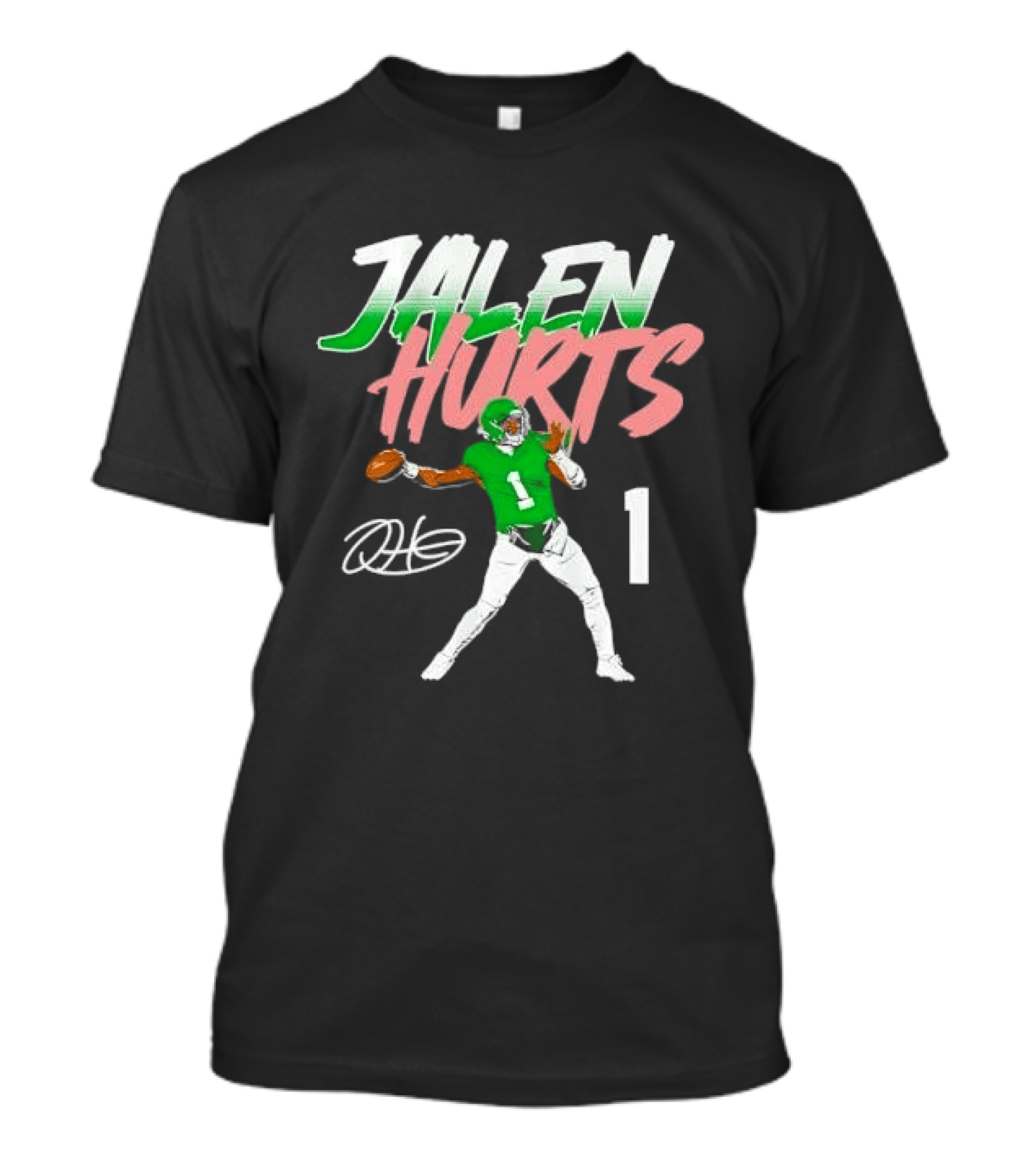 Jalen Hurts Quarterback Throwing Football Jersey Number 1 Signature Green T-Shirt