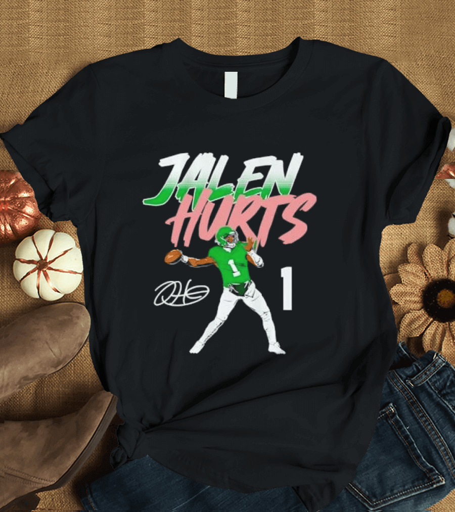 Jalen Hurts Quarterback Throwing Football Jersey Number 1 Signature Green T-Shirt