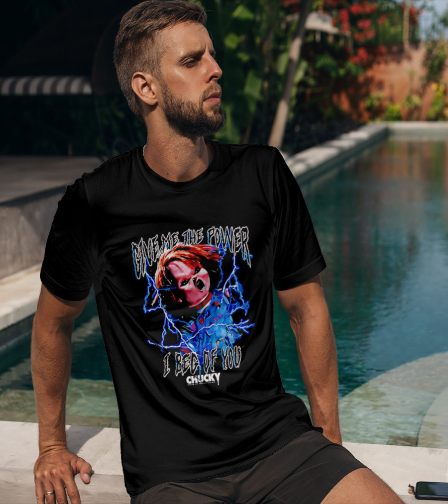 Chucky Give Me The Power I Beg Of You Blue Lightning Screaming Doll T-Shirt