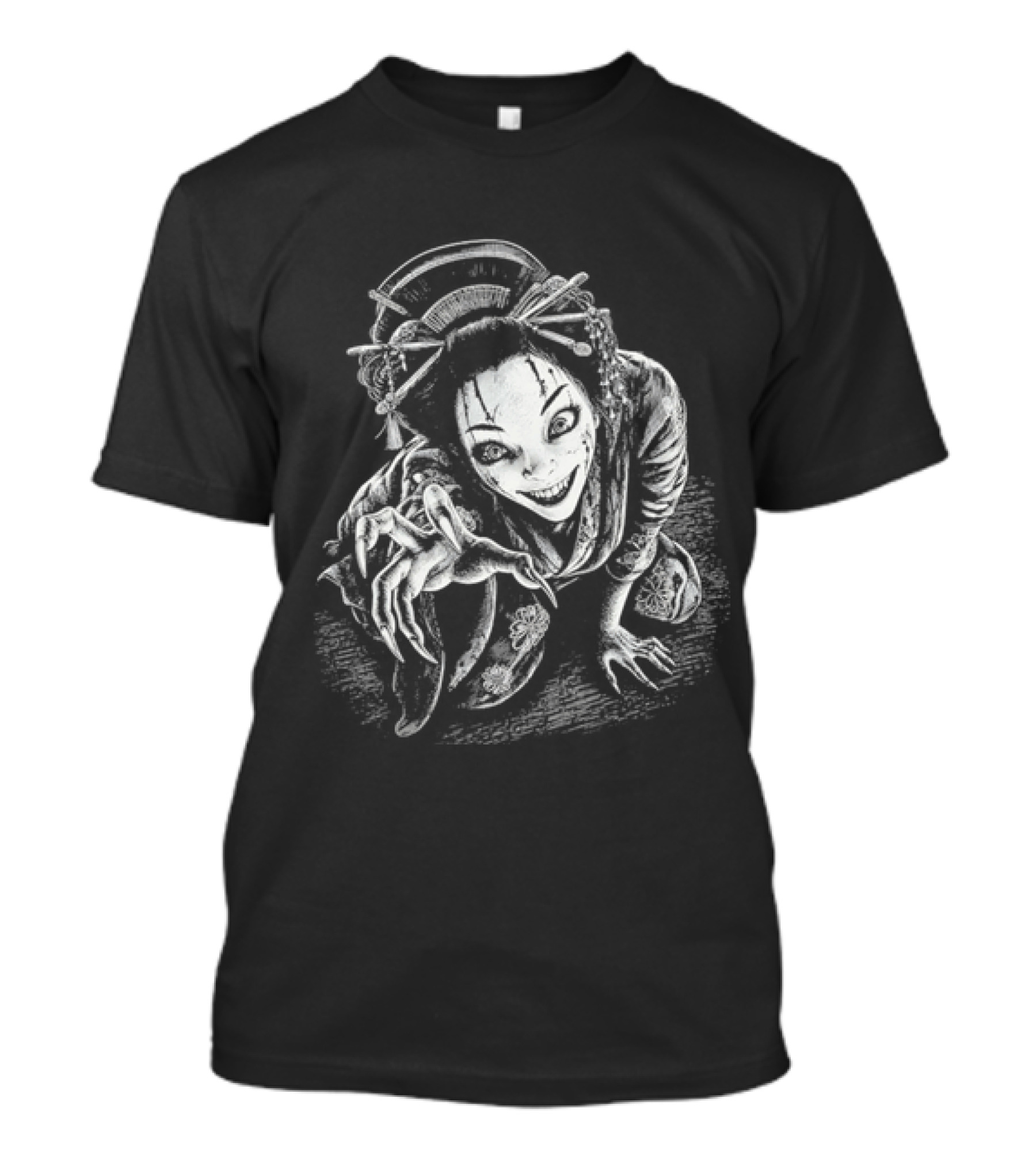 Creepy Demonic Yokai Geisha Crawling Sharp Claws Drawing T-Shirt