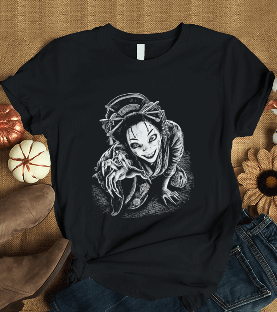 Creepy Demonic Yokai Geisha Crawling Sharp Claws Drawing T-Shirt