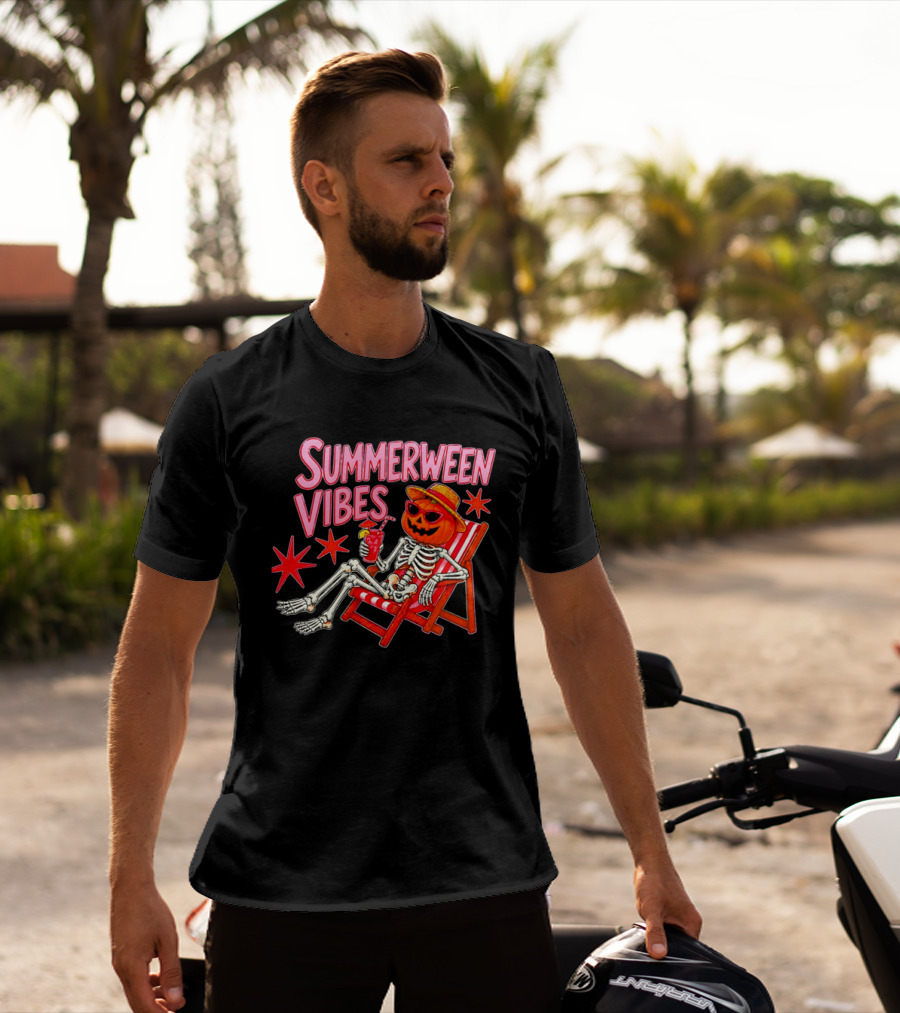 Summerween Vibes Skeleton Pumpkin Sunglasses Lounge Chair Drink T-Shirt