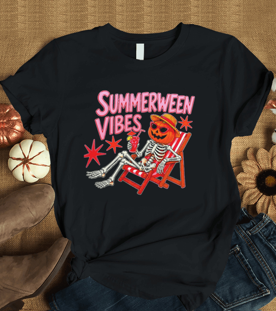 Summerween Vibes Skeleton Pumpkin Sunglasses Lounge Chair Drink T-Shirt