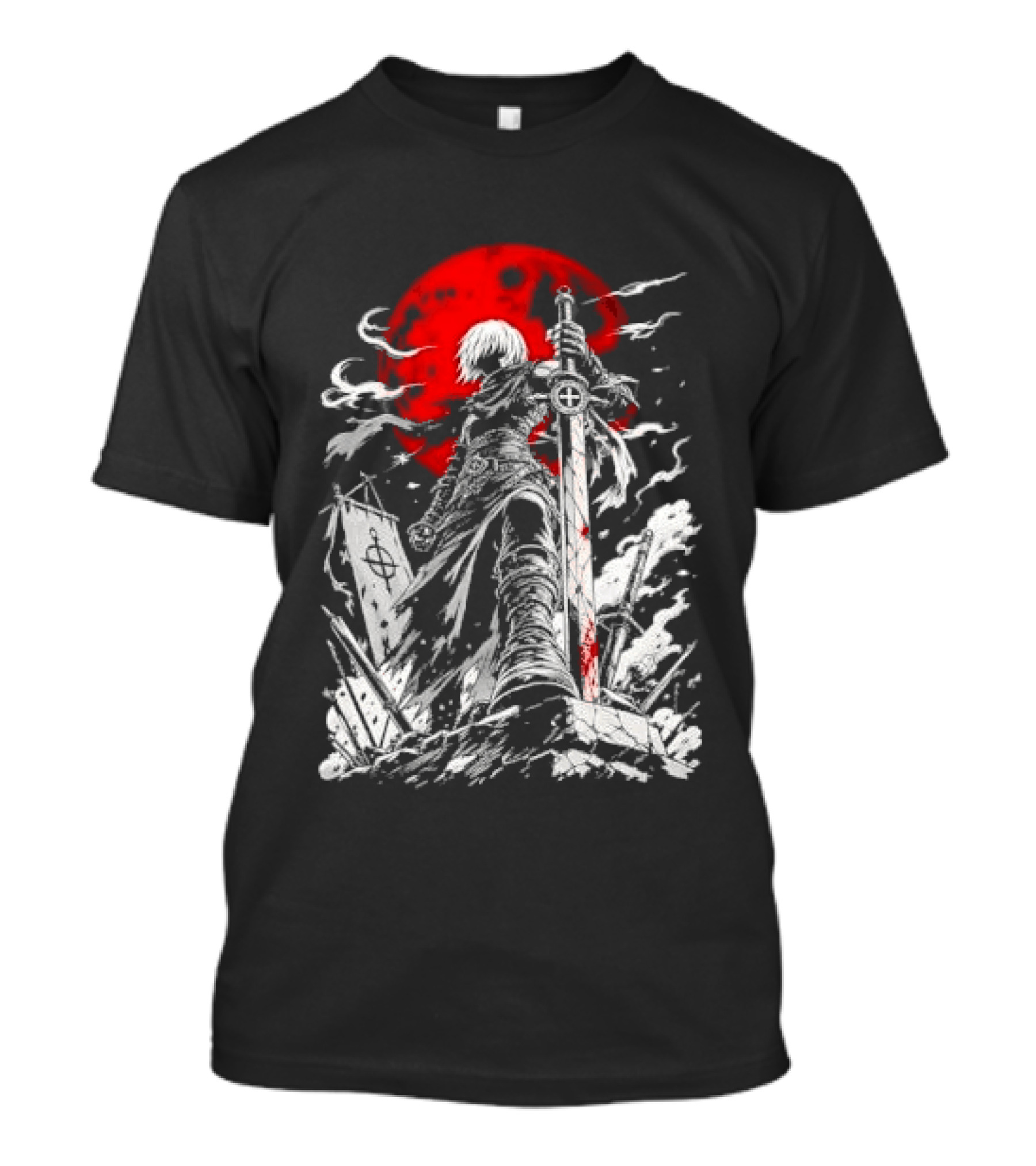 Dark Fantasy Warrior Bloody Sword Red Moon Battlefield Epic Scene T-Shirt