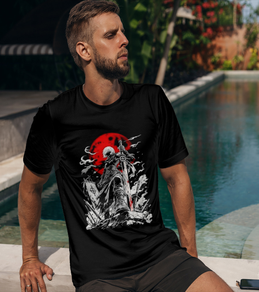 Dark Fantasy Warrior Bloody Sword Red Moon Battlefield Epic Scene T-Shirt