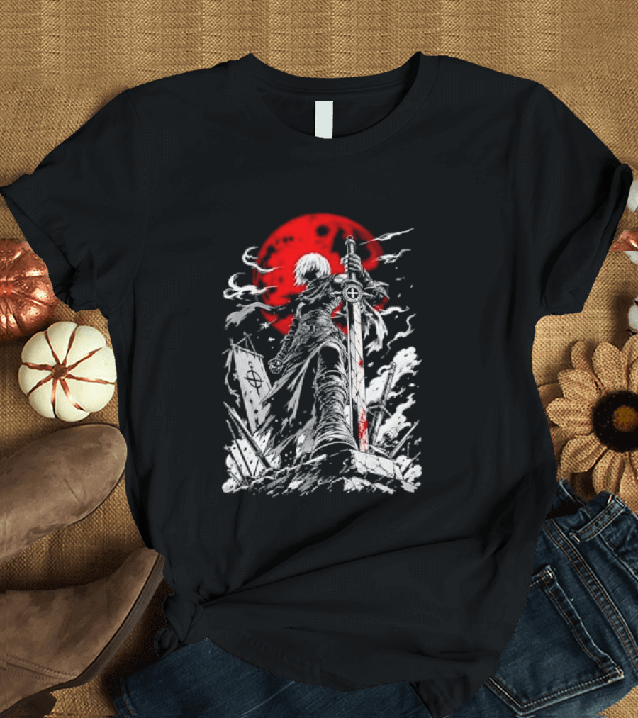 Dark Fantasy Warrior Bloody Sword Red Moon Battlefield Epic Scene T-Shirt