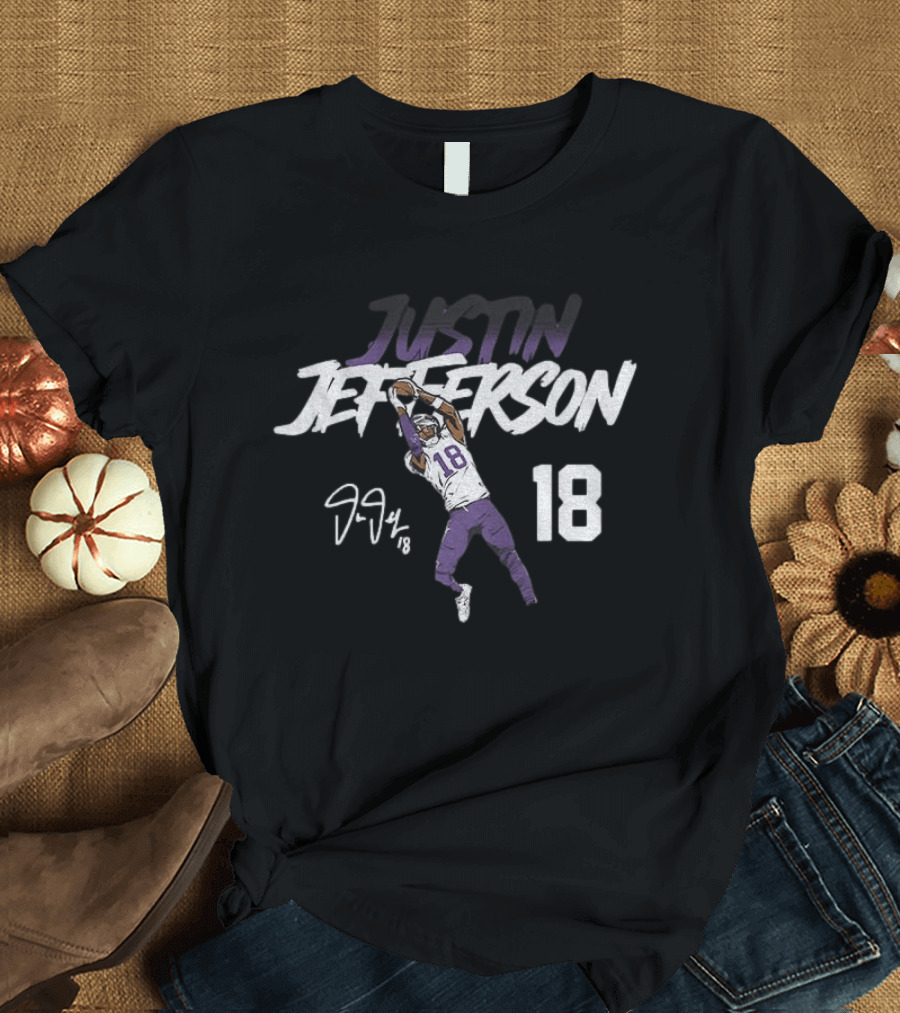 Justin Jefferson 18 Minnesota Vikings Football Star Catch NFL Player Signature T-Shirt