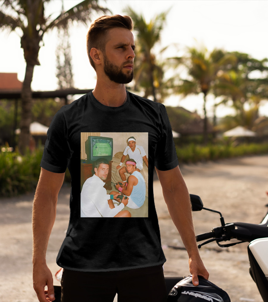 Novak Djokovic Rafael Nadal Roger Federer Playing Tennis Video Game T-Shirt