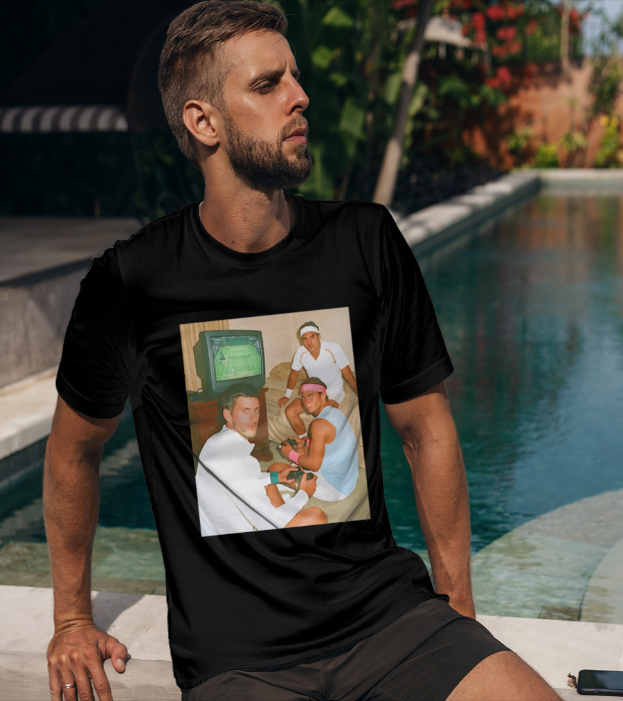Novak Djokovic Rafael Nadal Roger Federer Playing Tennis Video Game T-Shirt