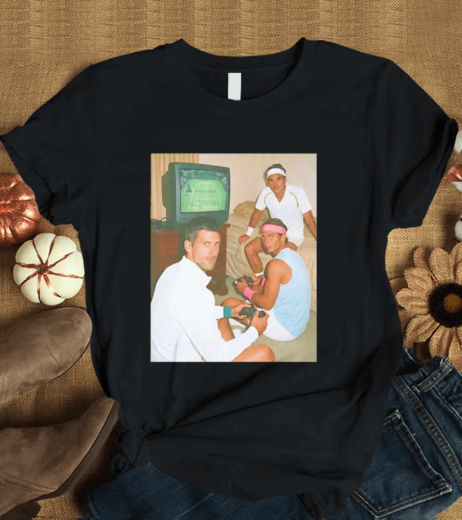 Novak Djokovic Rafael Nadal Roger Federer Playing Tennis Video Game T-Shirt