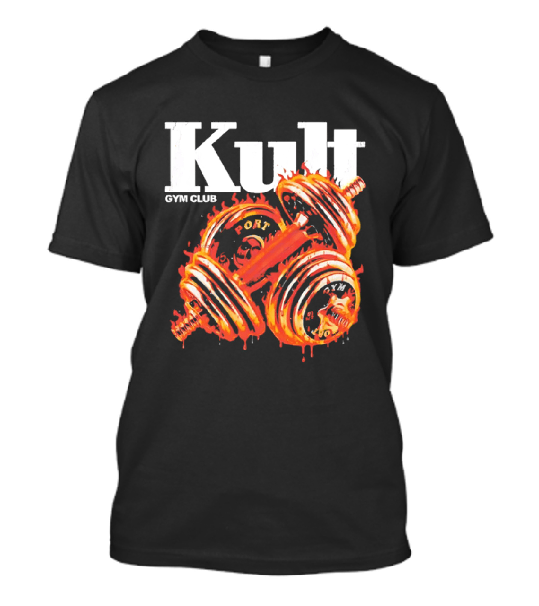 Kult Gym Club Sport Fiery Dumbbells Dripping Lava Distressed T-Shirt