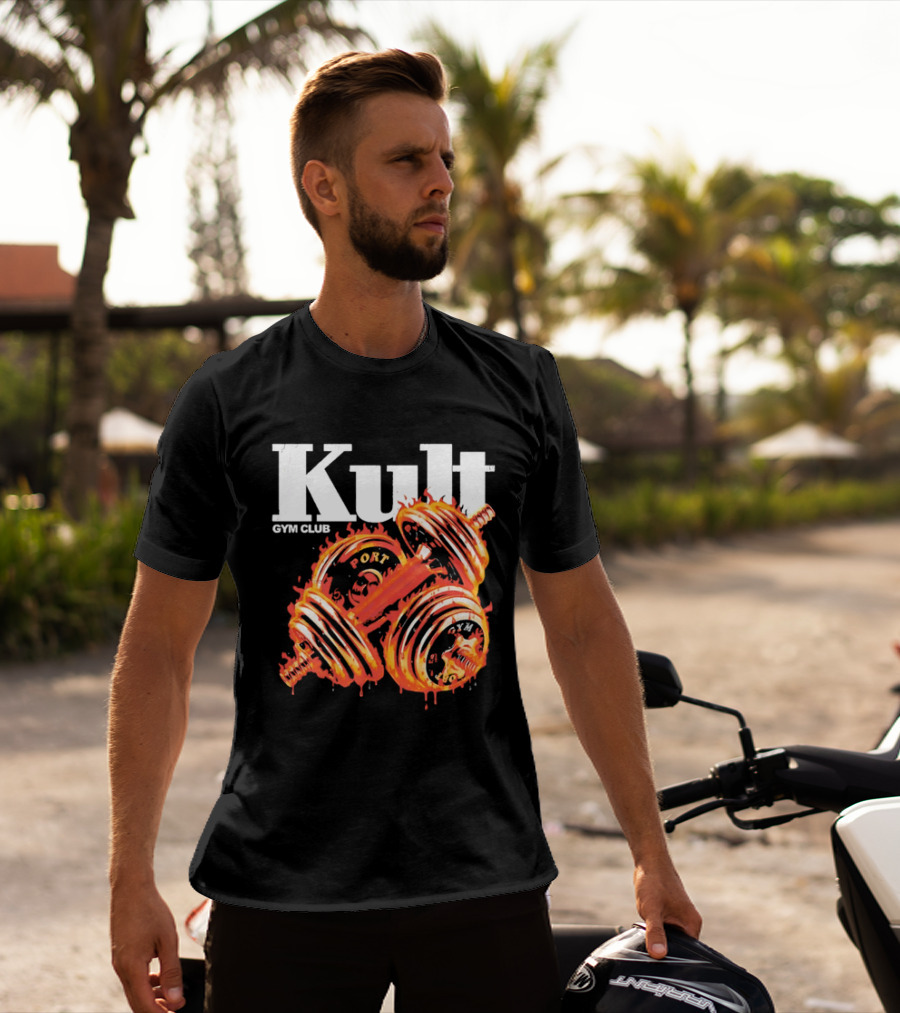 Kult Gym Club Sport Fiery Dumbbells Dripping Lava Distressed T-Shirt