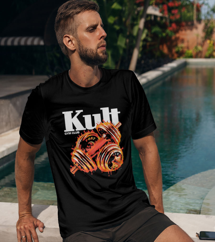 Kult Gym Club Sport Fiery Dumbbells Dripping Lava Distressed T-Shirt