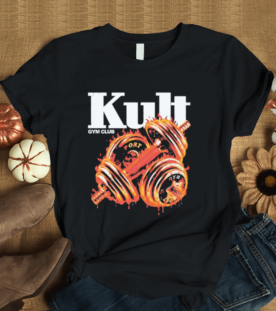 Kult Gym Club Sport Fiery Dumbbells Dripping Lava Distressed T-Shirt