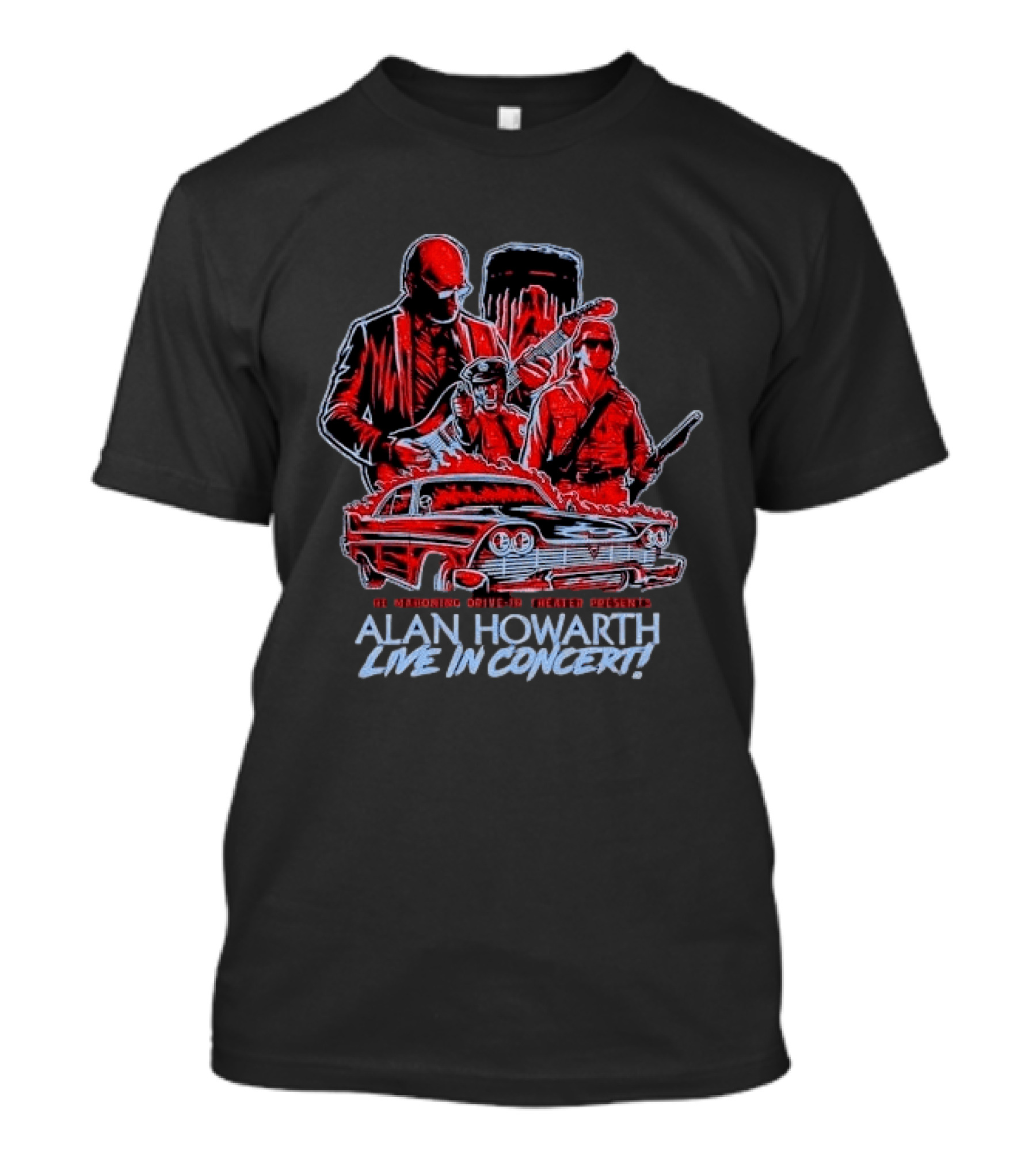 The Mahoning Drive In Theater Presents Alan Howarth Live Concert Horror Characters Flaming Car T-Shirt