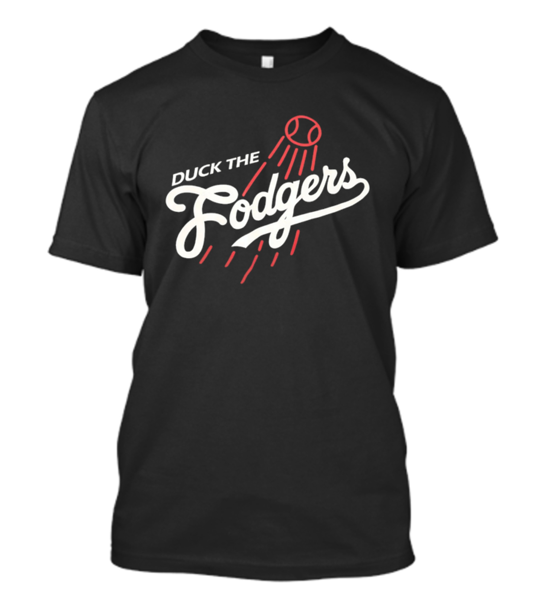 Duck The Fodgers White Script Flying Baseball Red Motion Lines T-Shirt