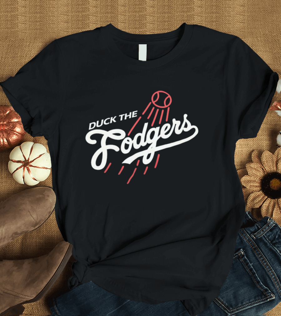 Duck The Fodgers White Script Flying Baseball Red Motion Lines T-Shirt