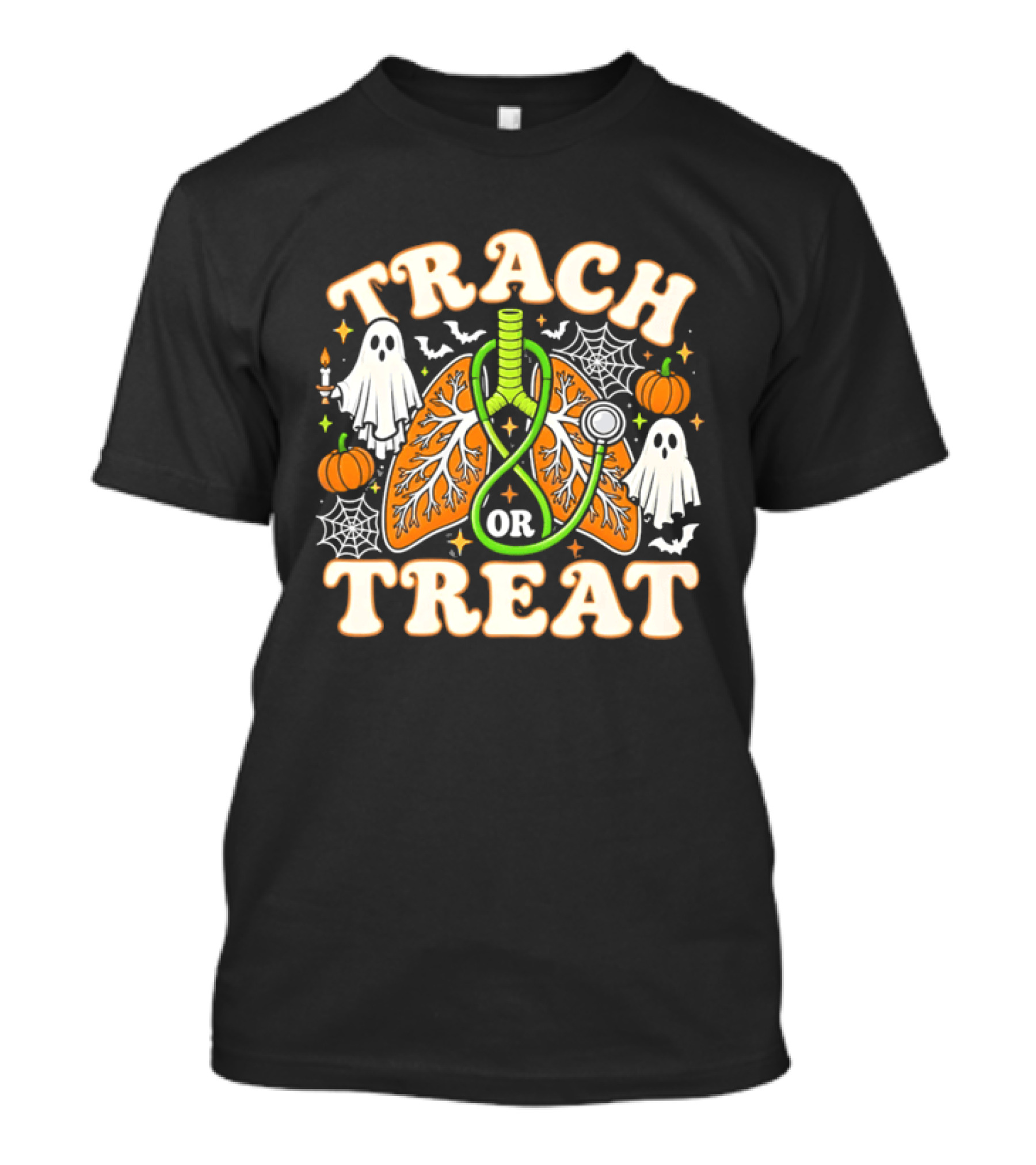 Trach Or Treat Lungs Stethoscope Ghosts Pumpkins Spider Webs Halloween Cartoon T-Shirt