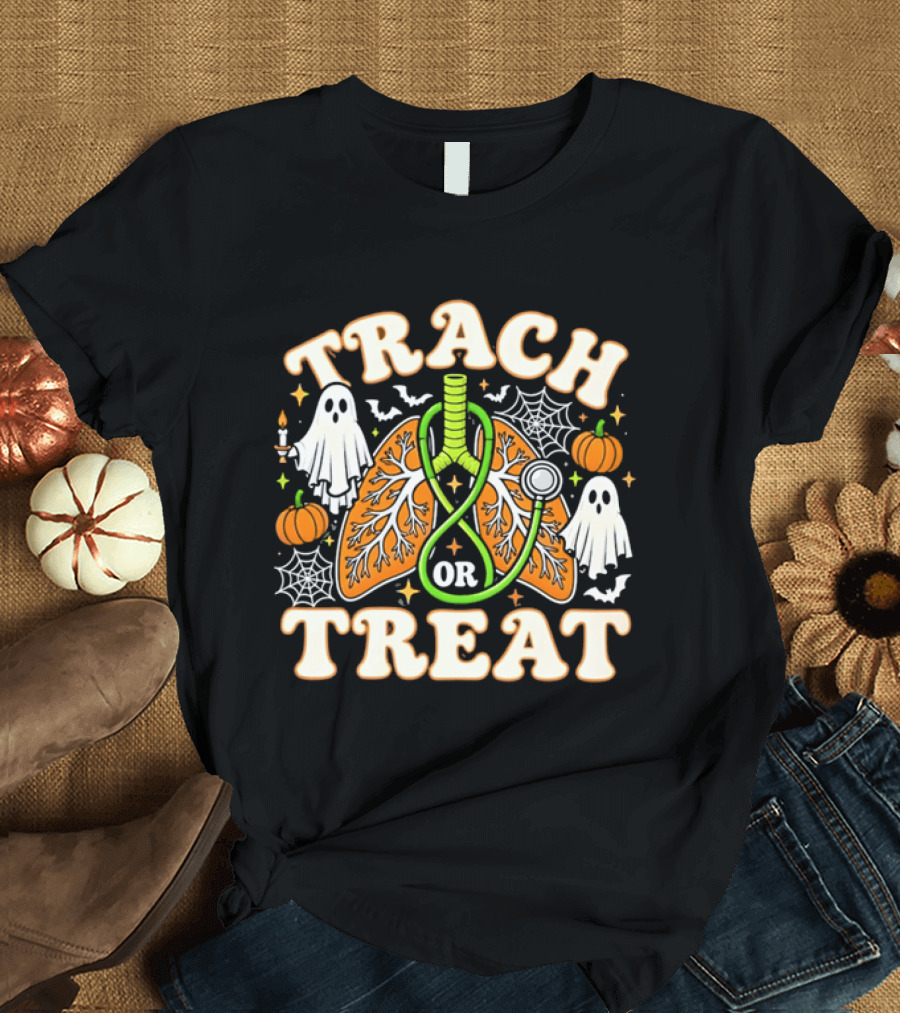 Trach Or Treat Lungs Stethoscope Ghosts Pumpkins Spider Webs Halloween Cartoon T-Shirt
