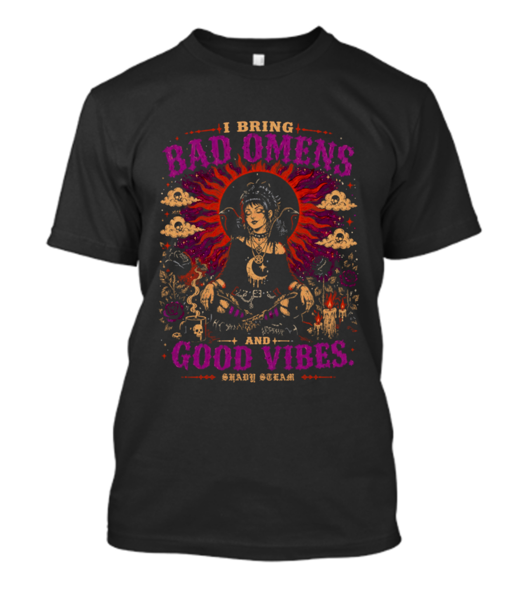 I Bring Bad Omens And Good Vibes Shady Steam Buddha Art Clouds Flowers Fire Asian Sunburst Fantasy T-Shirt