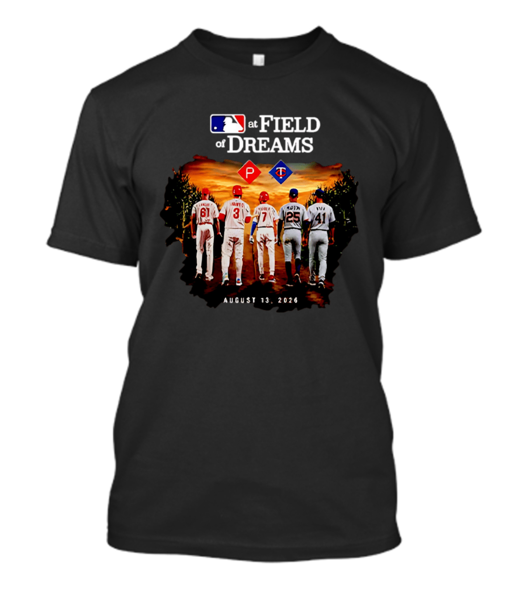 MLB At Field Of Dreams August 13 2026 Philadelphia Minnesota Players Walking Into Cornfield T-Shirt