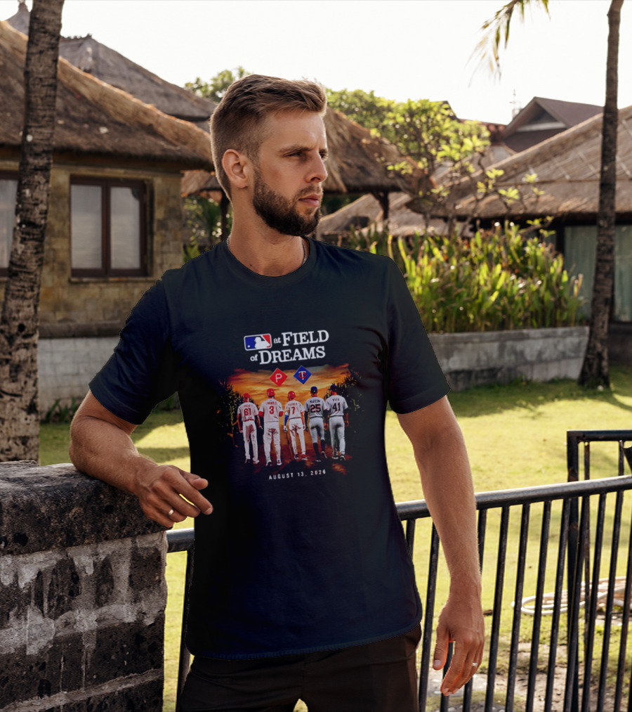 MLB At Field Of Dreams August 13 2026 Philadelphia Minnesota Players Walking Into Cornfield T-Shirt