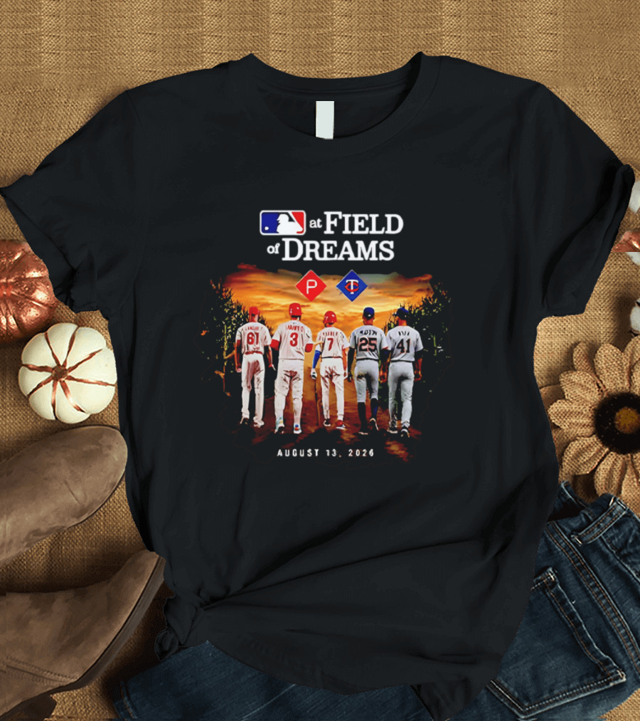 MLB At Field Of Dreams August 13 2026 Philadelphia Minnesota Players Walking Into Cornfield T-Shirt