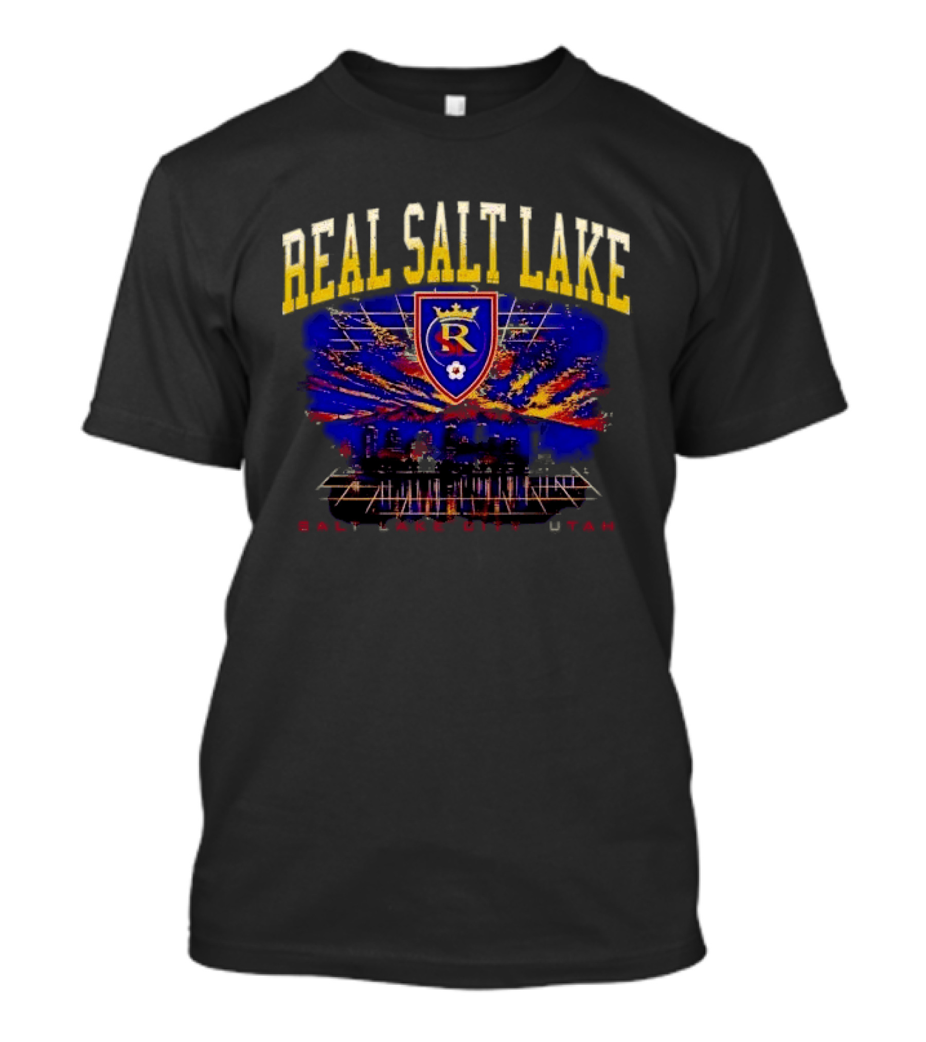 Real Salt Lake City Utah Skyline Crest Sunset Grid Distressed T-Shirt