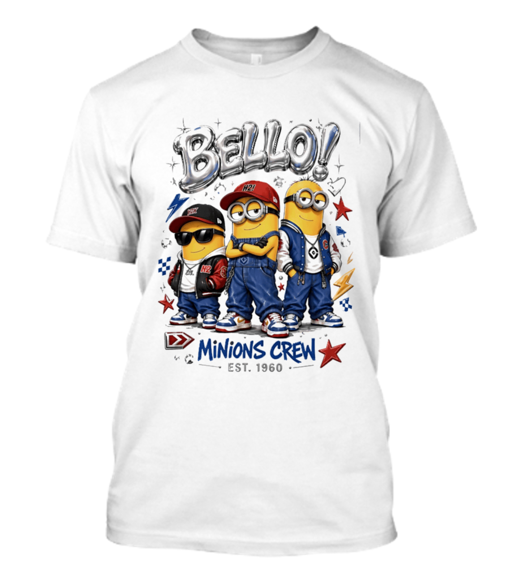 Bello Minions Crew Est 1960 Hip Hop Style Graphic With Stars And Lightning Bolts T-Shirt