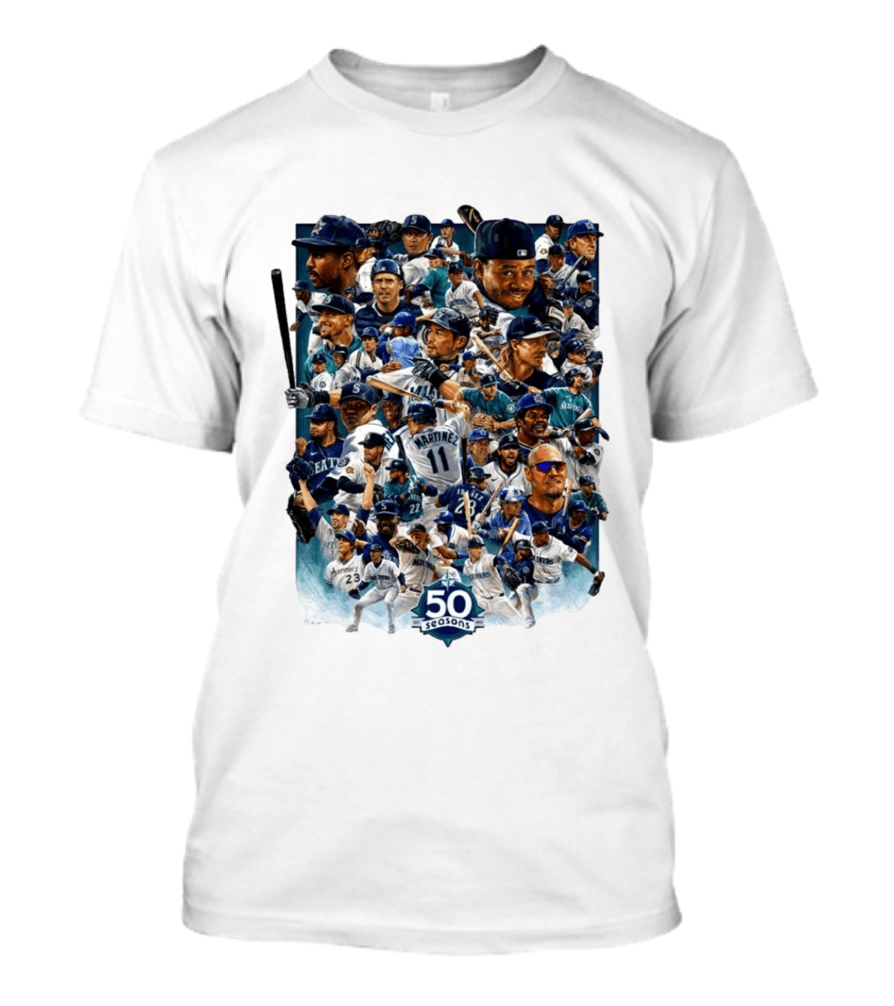 Seattle Mariners 50 Seasons Collage MLB Players Legends And Moments T-Shirt