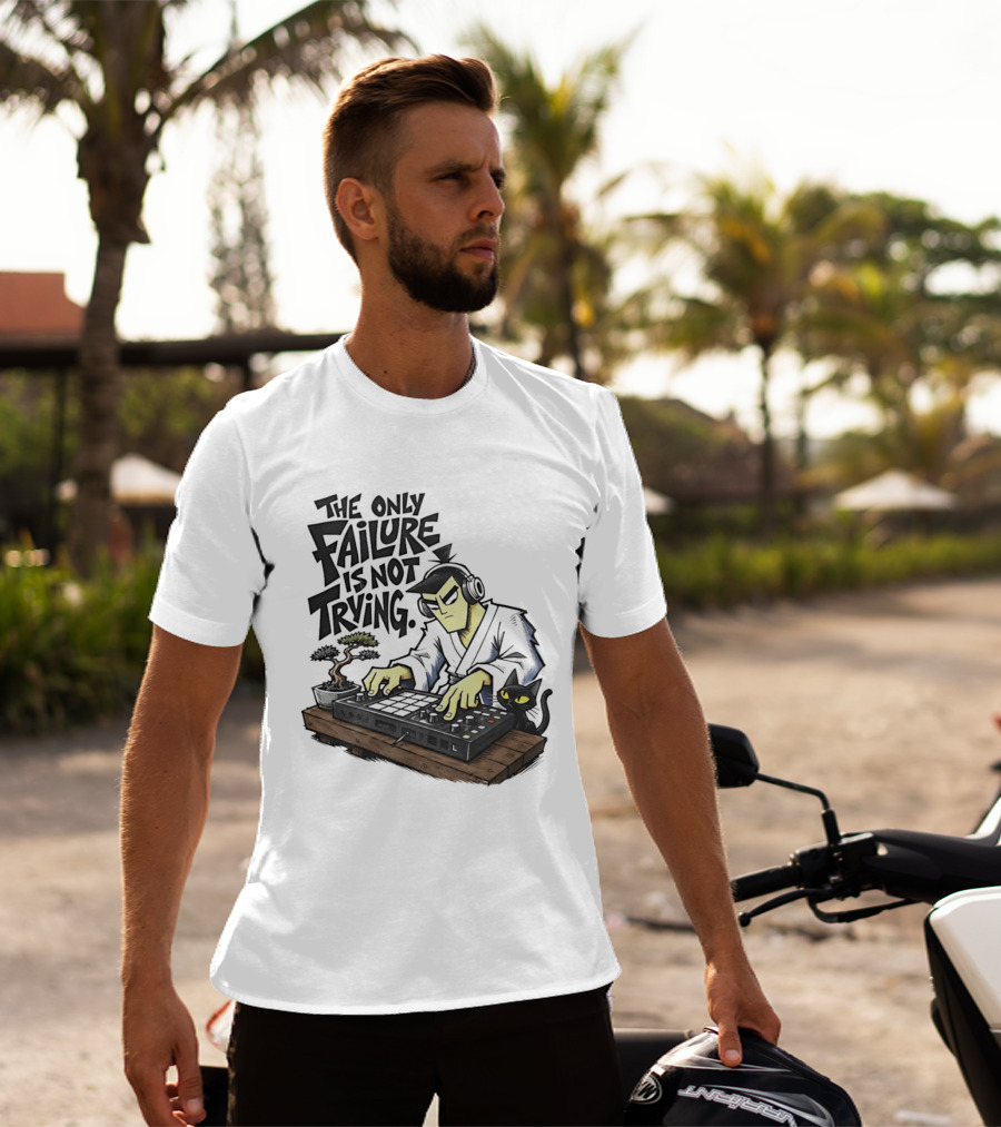 The Only Failure Is Not Trying Samurai DJ With Cat And Bonsai T-Shirt