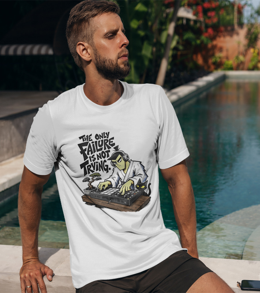 The Only Failure Is Not Trying Samurai DJ With Cat And Bonsai T-Shirt