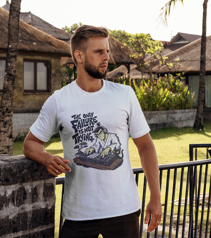 The Only Failure Is Not Trying Samurai DJ With Cat And Bonsai T-Shirt