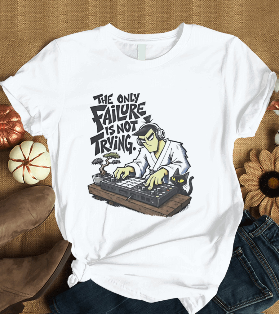 The Only Failure Is Not Trying Samurai DJ With Cat And Bonsai T-Shirt