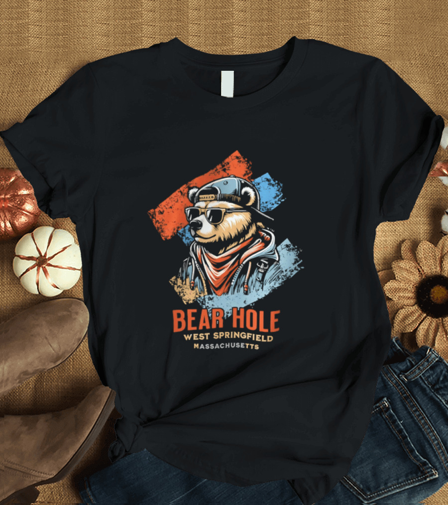 Bear Hole West Springfield Massachusetts Bear Wearing Sunglasses Cap Bandana Distressed T-Shirt