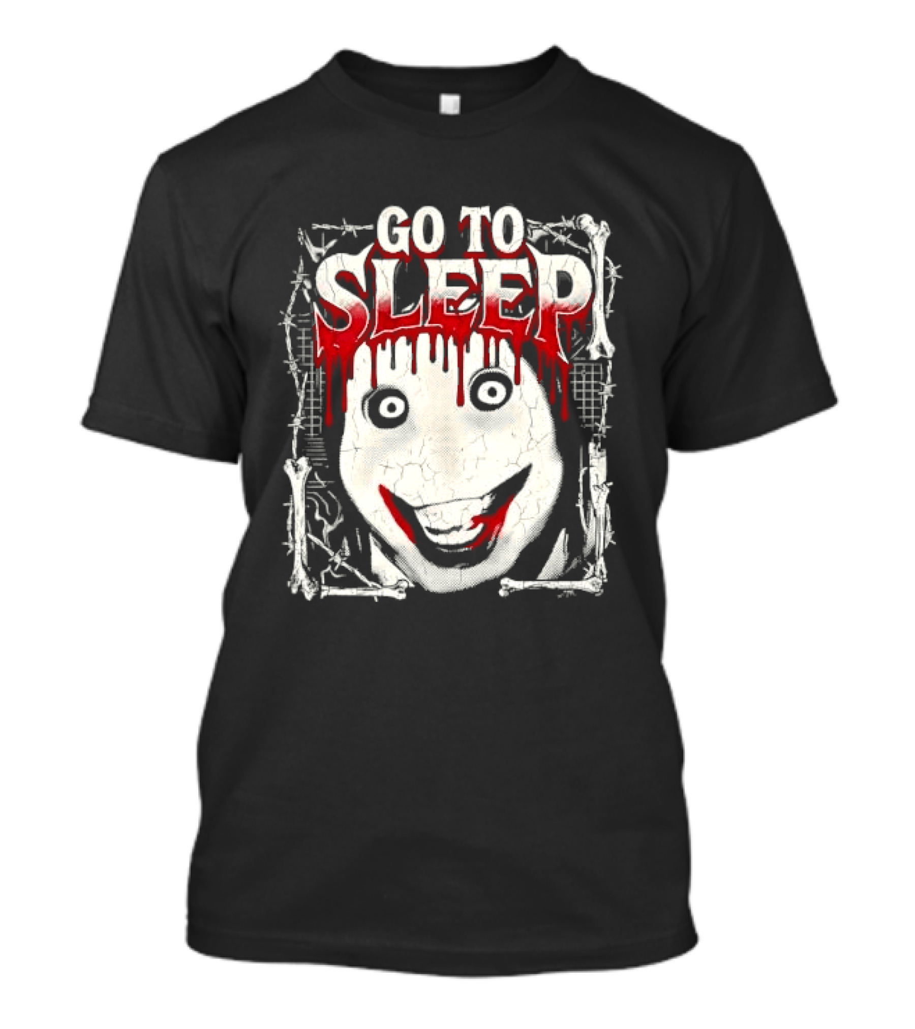Go To Sleep Creepy Pale Face Bloody Smile Barbed Wire Bones T-Shirt
