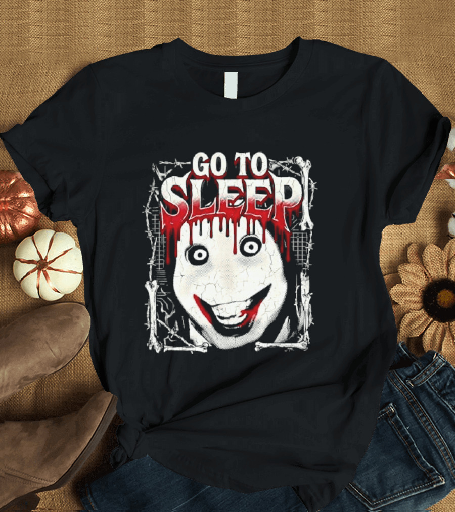 Go To Sleep Creepy Pale Face Bloody Smile Barbed Wire Bones T-Shirt