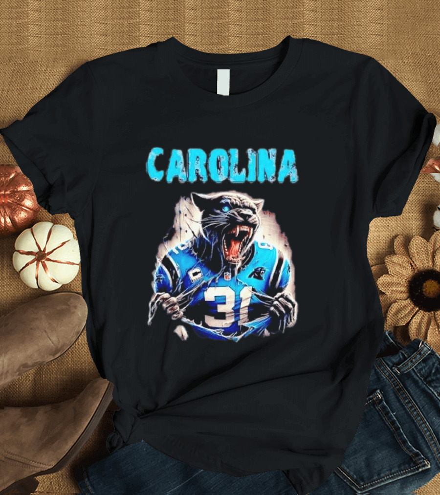 Carolina Panthers Snarling Beast Tearing Blue Jersey 31 T-Shirt