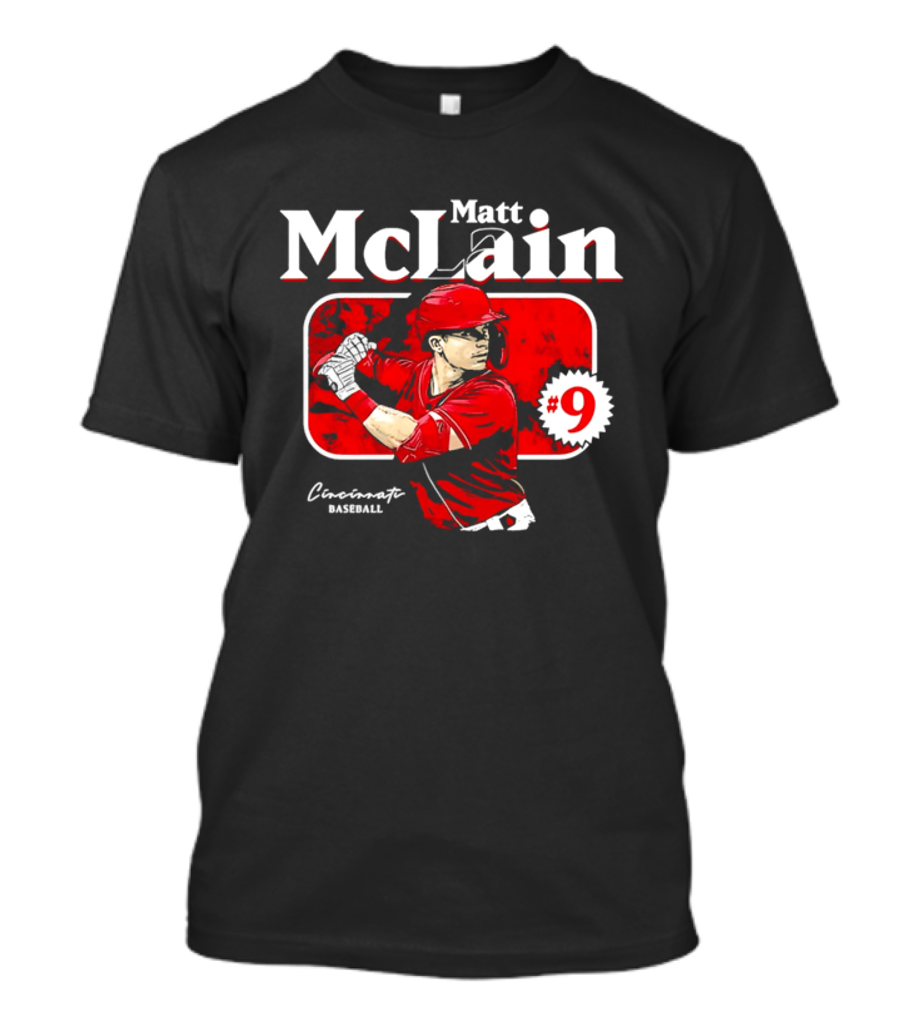 Matt McLain Cincinnati Baseball Number 9 Batter Stance Red Frame T-Shirt